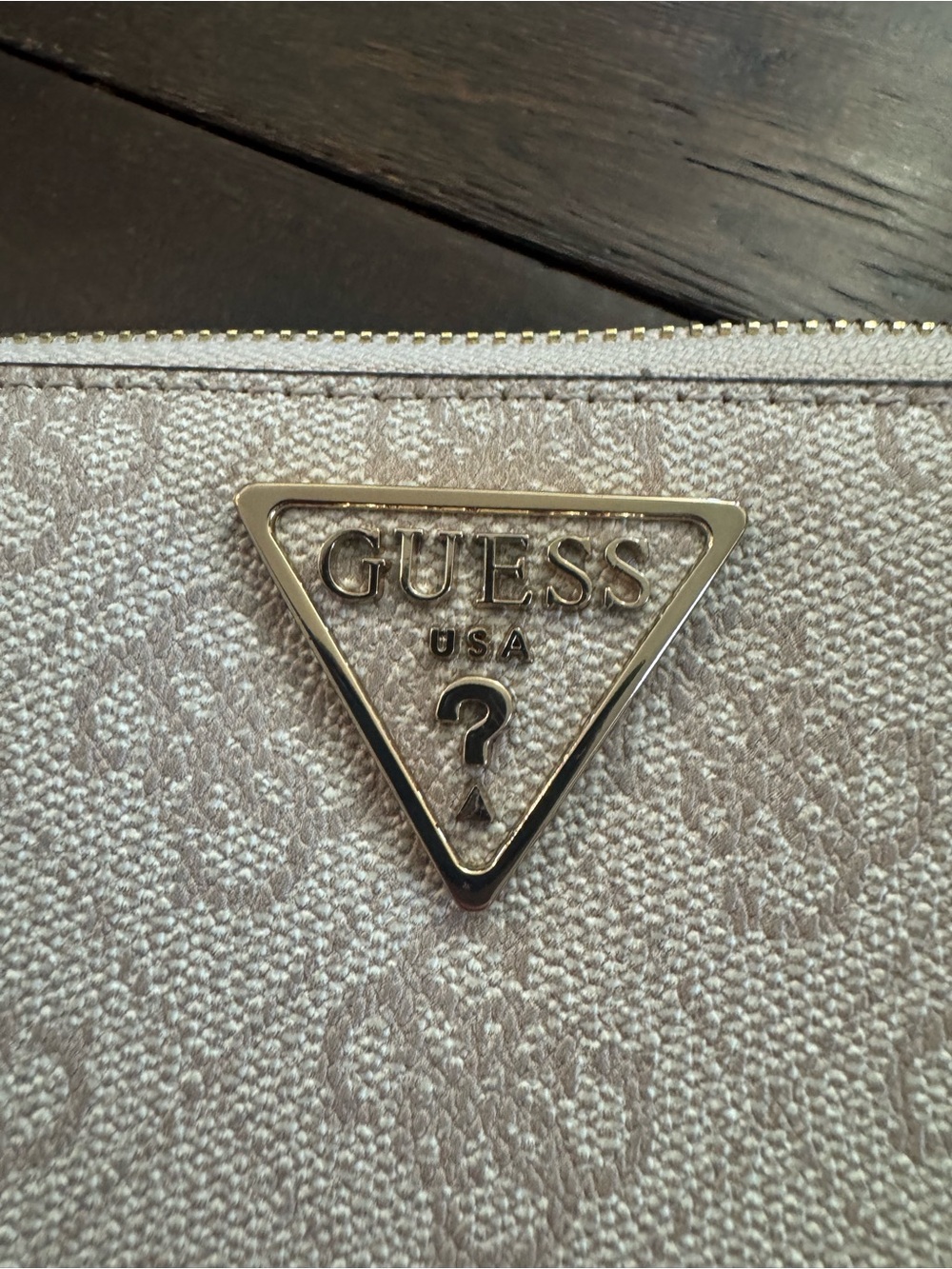Guess Beige Monogram Zip-Around Wristlet Wallet with Gold Logo - Picture 9 of 16